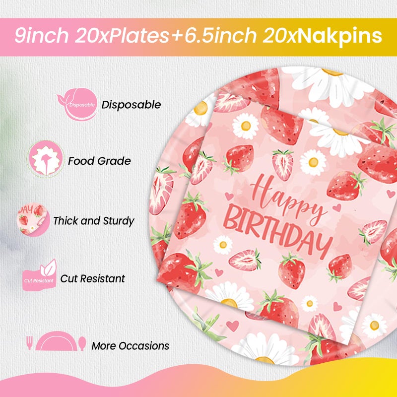 BOKFJBP 40 قطعة من أطباق الفراولة والمناديل، 9 بوصة للاستعمال مرة واحدة للربيع والصيف مجموعة أدوات مائدة لأعياد الميلاد السعيدة للفتيات والزفاف بألوان مائية وفاكهة التوت وعيد الميلاد الأول تحت عنوان ديكور حفلات استحمام الطفل يخدم 20 قطعة - Image 3